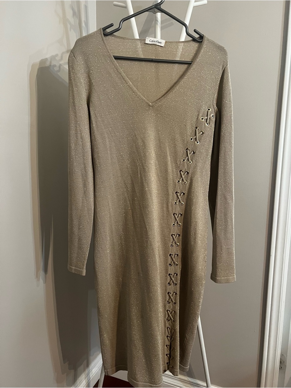 Calvin Klein Shimmery Long-Sleeve V-Neck Dress with Lace-Up Detail - Picture 2 of 5